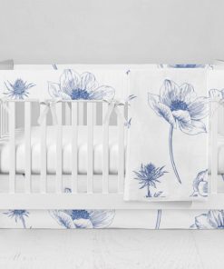 Bumperless Crib Set with Modern Skirt and Modern Rail Covers - Blue Ink Flowers