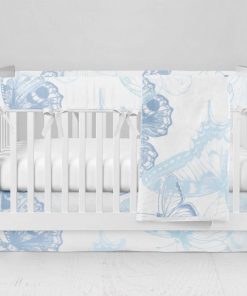 Bumperless Crib Set with Modern Skirt and Modern Rail Covers - Blue Butterfly