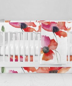 Bumperless Crib Set with Modern Skirt and Modern Rail Covers - Soft Red Buds