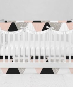 Bumperless Crib Set with Modern Skirt and Scalloped Rail Covers - Geo Check Pink