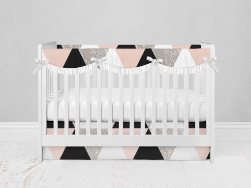 Bumperless Crib Set with Modern Skirt and Scalloped Rail Covers - Geo Check Pink