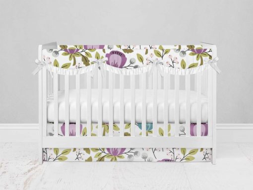 Bumperless Crib Set with Modern Skirt and Scalloped Rail Covers - Floral Teal Purple