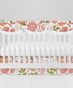 Bumperless Crib Set with Modern Skirt and Scalloped Rail Covers - Coral Flowers
