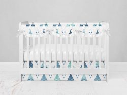 Bumperless Crib Set with Modern Skirt and Scalloped Rail Covers - Teal Teepee