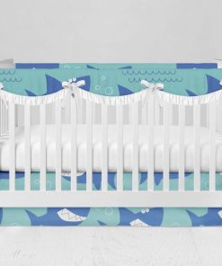 Bumperless Crib Set with Modern Skirt and Scalloped Rail Covers - Funny Shark