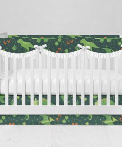 Bumperless Crib Set with Modern Skirt and Scalloped Rail Covers - Dino Green