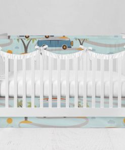 Bumperless Crib Set with Modern Skirt and Scalloped Rail Covers - Road Trip