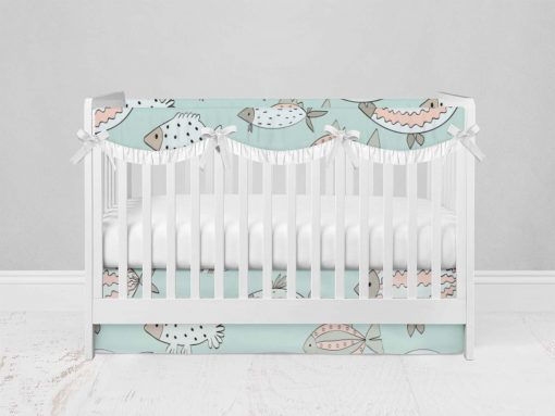 Bumperless Crib Set with Modern Skirt and Scalloped Rail Covers - Schooling