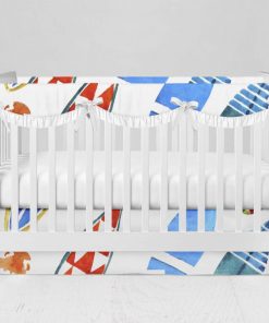 Bumperless Crib Set with Modern Skirt and Scalloped Rail Covers - Surfboards