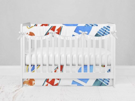 Bumperless Crib Set with Modern Skirt and Scalloped Rail Covers - Surfboards