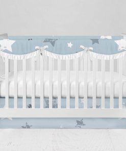 Bumperless Crib Set with Modern Skirt and Scalloped Rail Covers - Blue  Star Sky