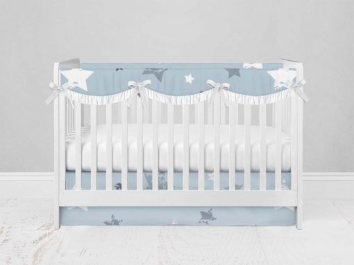 Bumperless Crib Set with Modern Skirt and Scalloped Rail Covers - Blue  Star Sky