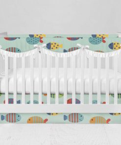 Bumperless Crib Set with Modern Skirt and Scalloped Rail Covers - Fish Friends