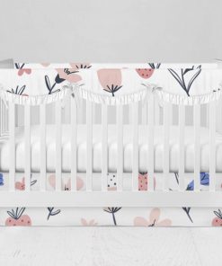 Bumperless Crib Set with Modern Skirt and Scalloped Rail Covers - Abstract Flowers & Berries