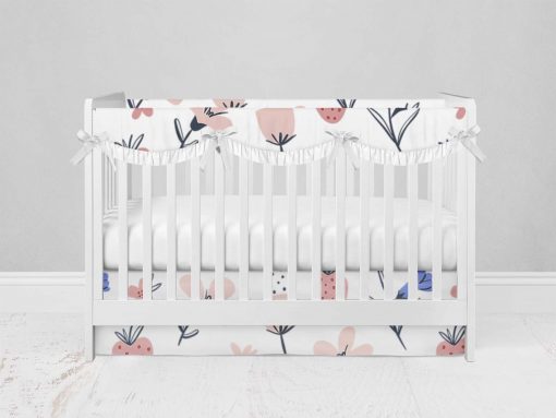 Bumperless Crib Set with Modern Skirt and Scalloped Rail Covers - Abstract Flowers & Berries
