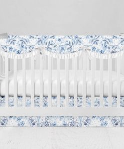 Bumperless Crib Set with Modern Skirt and Scalloped Rail Covers - Blue Birds Floral