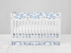 Bumperless Crib Set with Modern Skirt and Scalloped Rail Covers - Blue Birds Floral