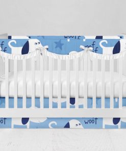 Bumperless Crib Set with Modern Skirt and Scalloped Rail Covers - Woof Woof