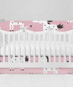 Bumperless Crib Set with Modern Skirt and Scalloped Rail Covers - Unicorns on Pink