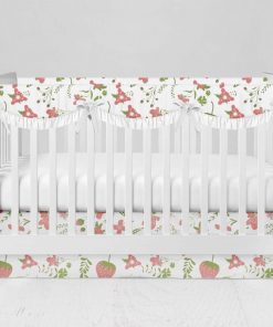 Bumperless Crib Set with Modern Skirt and Scalloped Rail Covers - Strawberry Sunshine
