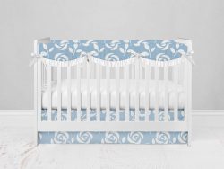 Bumperless Crib Set with Modern Skirt and Scalloped Rail Covers - Blue Rose