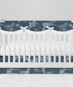 Bumperless Crib Set with Modern Skirt and Scalloped Rail Covers - Skull Camo Blue