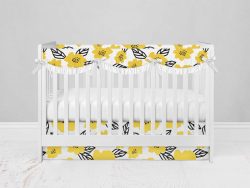 Bumperless Crib Set with Modern Skirt and Scalloped Rail Covers - Yellow Blossoms