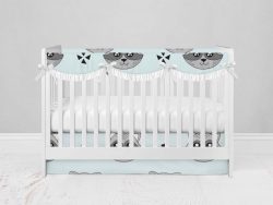 Bumperless Crib Set with Modern Skirt and Scalloped Rail Covers - Blue Racoon