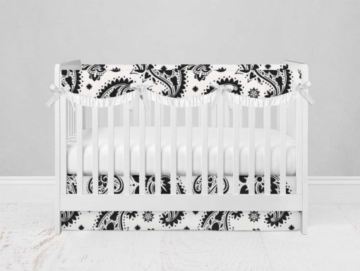 Bumperless Crib Set with Modern Skirt and Scalloped Rail Covers - Black Paisley
