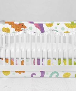 Bumperless Crib Set with Modern Skirt and Scalloped Rail Covers - Seahorses