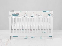 Bumperless Crib Set with Modern Skirt and Scalloped Rail Covers - Big Boat Small Boat