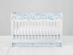 Bumperless Crib Set with Modern Skirt and Scalloped Rail Covers - Blue Illustrated Flowers