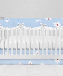 Bumperless Crib Set with Modern Skirt and Scalloped Rail Covers - Blue Daisies
