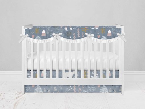 Bumperless Crib Set with Modern Skirt and Scalloped Rail Covers - Bear Blue
