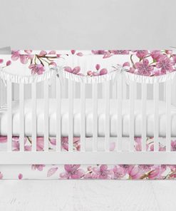 Bumperless Crib Set with Modern Skirt and Scalloped Rail Covers - Cherry Blossoms