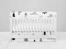 Bumperless Crib Set with Modern Skirt and Scalloped Rail Covers - Trees on White