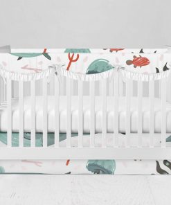 Bumperless Crib Set with Modern Skirt and Scalloped Rail Covers - Whale & Jellyfish