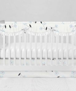 Bumperless Crib Set with Modern Skirt and Scalloped Rail Covers - Baby Blue Flowers