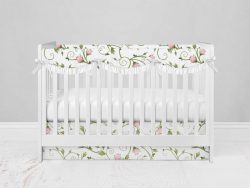 Bumperless Crib Set with Modern Skirt and Scalloped Rail Covers - Vine and Roses