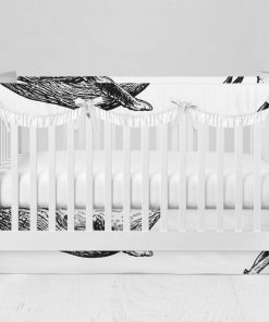 Bumperless Crib Set with Modern Skirt and Scalloped Rail Covers - Sketched Black & White Whales
