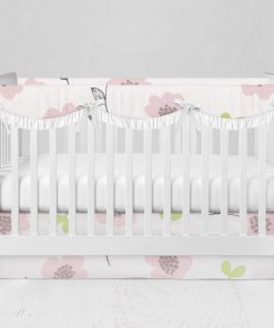 Bumperless Crib Set with Modern Skirt and Scalloped Rail Covers - Dainty Pink Flowers