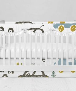 Bumperless Crib Set with Modern Skirt and Scalloped Rail Covers - Car Trip