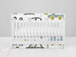 Bumperless Crib Set with Modern Skirt and Scalloped Rail Covers - Car Trip