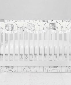 Bumperless Crib Set with Modern Skirt and Scalloped Rail Covers - Elephant Sketch