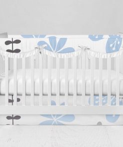 Bumperless Crib Set with Modern Skirt and Scalloped Rail Covers - Blue Blossom Beauty