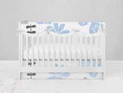 Bumperless Crib Set with Modern Skirt and Scalloped Rail Covers - Blue Blossom Beauty