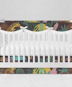 Bumperless Crib Set with Modern Skirt and Scalloped Rail Covers - Tropical Cheetah