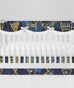 Bumperless Crib Set with Modern Skirt and Scalloped Rail Covers - Yellow Fish