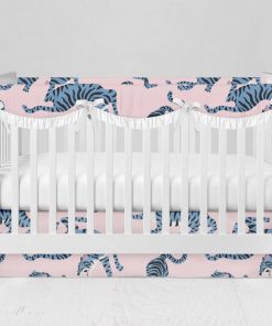 Bumperless Crib Set with Modern Skirt and Scalloped Rail Covers - Blue & Pink Tigers