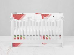 Bumperless Crib Set with Modern Skirt and Scalloped Rail Covers - Watermelon Slices & Seeds